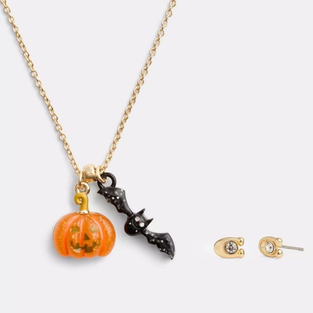 NWT Coach Outlet Pumpkin And Bat Pendant Necklace Set